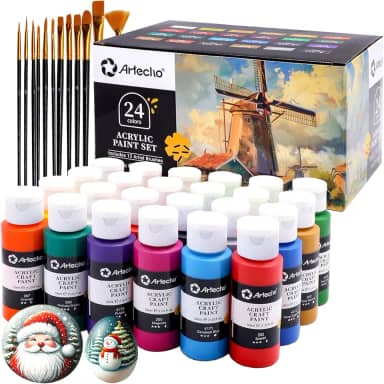 Artecho Conjunto de tinta acrílica 24 cores 59 ml com 12 pincéis, kit de tintas para artesanato, tinta para tela, pedras, madeira, tecido, cerâmica e materiais de arte, tinta não tóxica para artistas