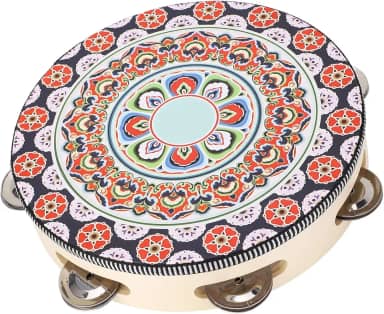 Pandeiro de Madeira Portátil Com Sinos de Metal de 8 Polegadas, Conjunto de Instrumentos Educacionais de Sons de Tambor para Adultos e Crianças (Flor Vermelha)