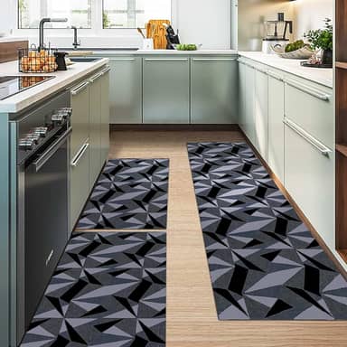 tapetes cozinha antiderrapante geométrico - jogo 3 peças (Bicchiere preto e cinza)