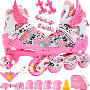 2 Em1 Patins Infantil Ajustável, Patins 4 Rodas, Patins Quad, Patins Infantil Menina, Ajustável com Bolsa e Kit Proteção, Para meninas, meninos e iniciante, Rosa M (33-37)