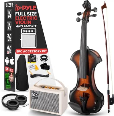 Pyle Violino elétrico silencioso 4/4 com kit de amplificador - violino de madeira maciça com amplificador de 10 W e acessórios completos, instrumento de corda orquestral de tamanho completo para uso
