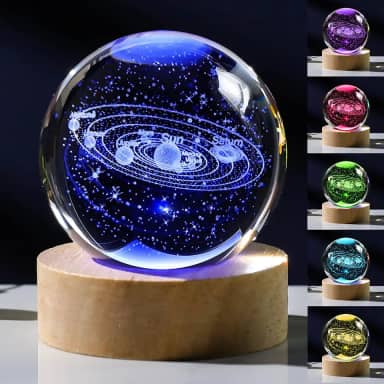 Bola de cristal do sistema solar 3D com base de toque de iluminação colorida LED, sistema solar, decoração de modelos de ciência, astronomia, presentes Deus abençoe o mundo, Páscoa, espaço religioso,