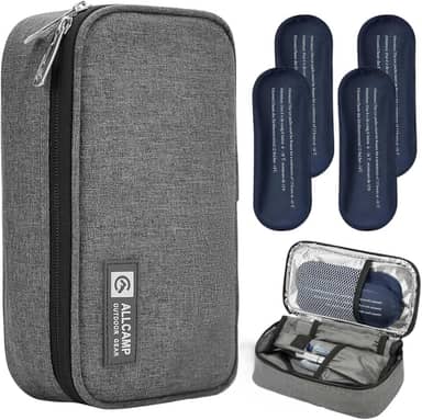 Bolsa de viagem Cooler de insulina da ALLCAMP para medicação diabética orgânica com 4 pacotes de gelo, Cinza, Medium