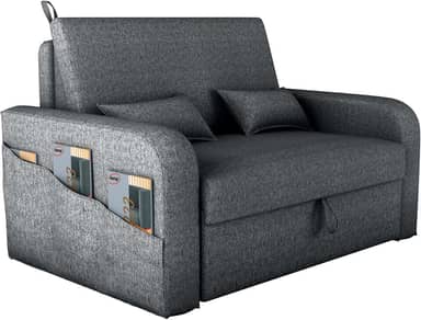 Sofá Cama Versátil Poltrona 2 Lugares Para Sala De Descanso Com Encosto Reclinável Luxo E Báu Organizador Linho Conforto Premium Design Moderno (Cinza)
