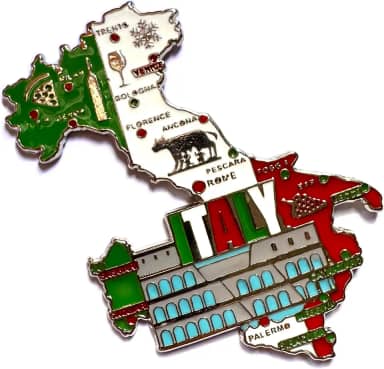 Imã Geladeira Italia de Metal com Mapa, Bandeira e Símbolos Roma Veneza Milão