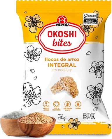 OKOSHI - Arroz caramelizado Okoshi Bites Integral - Flocos de Arroz Caramelizado em Pedaços - Snacks Saudáveis, Lanches Fit para a Dieta - Vegano, Sem Glúten, Lactose e Gordura Trans - Kosher - 60g