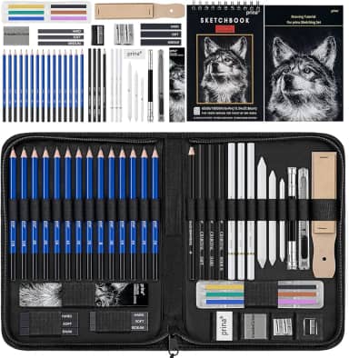 Kit com 50 peças para desenho Prina Caderno de desenho de 3 cores, lápis de grafite e carvão, kit profissional para artistas, adultos, adolescentes e crianças, ideal para sombreamento, mistura