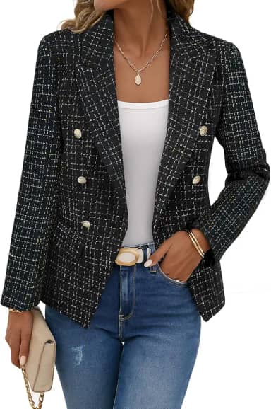 Blazer feminino xadrez de tweed 2025 outono - Casaco de trabalho casual moderno slim totalmente forrado com botões duplos (bolsos)