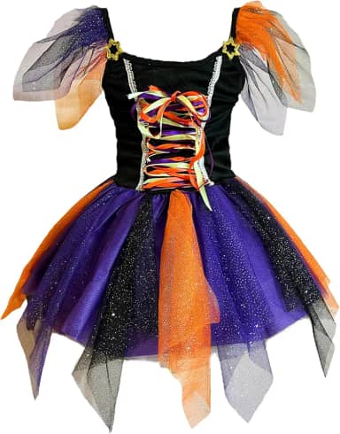 Fantasia Infantil Bruxa Bruxinha Colorida Criança Halloween Balé Vestido Roupa Menina Luxo