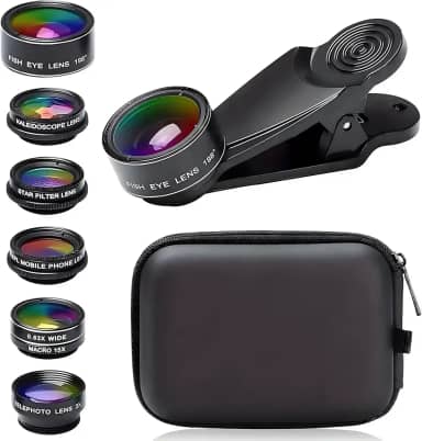 Kit de lentes de câmera de celular 7 em 1, para iPhone, para Samsung, para smartphone Android, clipe universal em grande angular + macro + lentes de câmera olho de peixe (preto)