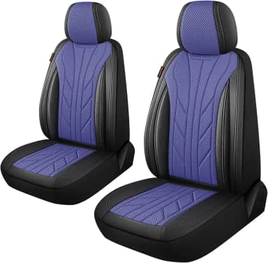 CAROMOP Capas de assento de carro de luxo de couro sintético e tecido 2 assentos dianteiros com suporte traseiro de espuma 3D respirável, capas de assento universais para carros, caminhões, SUVs