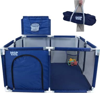 Cercadinho Portátil com Cesta de Basquete, Azul Marinho, Tela de Malha (AZUL)