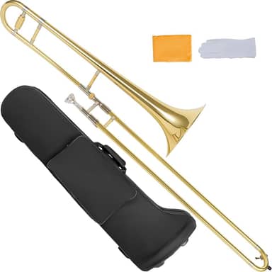 AKLOT Trombone Tenor Bb Clássico: Instrumentos de latão plano B de nível básico com sino martelado à mão, acabamento em laca dourada antimanchas, ideal para iniciantes, inclui estojo rígido, bocal