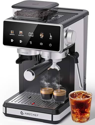 AMZCHEF Máquina de café expresso de 20 barras com moedor - máquina de café de 3 temperaturas com 20 configurações de moagem, máquina de café expresso quente/frio com espumador de leite, máquina de
