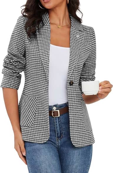 Blazers femininos xadrez Houndstooth 2025 com gola bordada, jaqueta casual para trabalho e escritório com bolsos