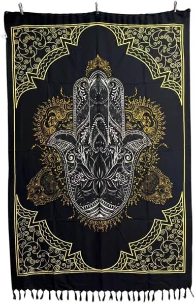 Canga Praia Hamsa, Mandala Dourada com Franjas, Estampa Mão de Fátima