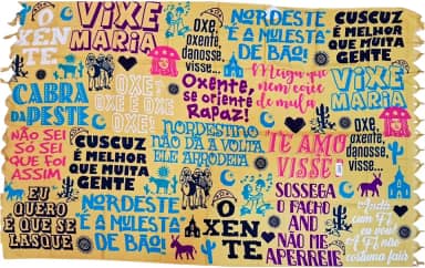 Canga Girias Nordestina, Estilo Moderno, Cor Areia e Multicolorido, Tema Cultural Brasileiro, Tipografia Artística Nordestinas