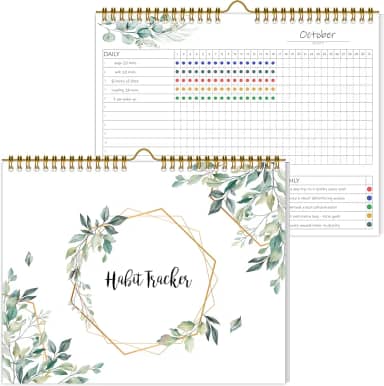 Calendário de rastreador de hábitos, diário de 12 meses com encadernação espiral, planejador mensal semanal sem data para aumentar a produtividade e o autoaperfeiçoamento, 21,5 x 28 cm (verde)