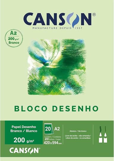 CANSON Tecnica, Papel para Desenho em Bloco, Gramatura 200 g/m², Tamanho A2, Cor Branco