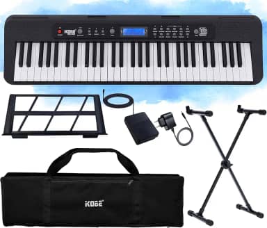 Kit Teclado Musical Digital Kobe KB-300 5/8 61 Teclas Sensíveis ao Toque com Pedal Sustain Capa e Estante