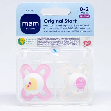 MAM Baby Kit com 2 Chupetas Original Start Com Bico Simétrico de Silicone SkinSoft para Crianças 0-2 Meses Com Caixa Esterilizadora, Rosa e Branco