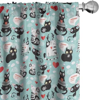 Ambesonne Cortinas de janela para amantes de gatos, preto e branco gatos apaixonados miau impressão entre corações acordados gatinhos orelhas de gato, decoração leve conjunto de 2 painéis com bolso