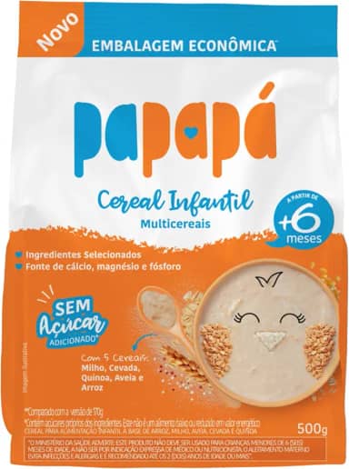 Papapá, Cereal infantil, Petit Cereal, Milho/Cevada/Quinoa/Avêia e arroz, 500g, Pouch, Laranja