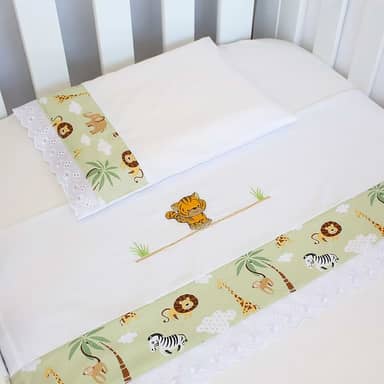 Jogo De Lençol Berço Americano Bordado Bichinhos Floresta, 03 Peças 100% Algodão, Laura Baby