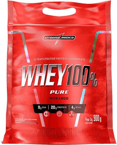 Integralmédica - Whey Protein Concentrado Morango 100% Pure - 21g de Proteína por Scoop, Suplementação Alimentar Pós-Treino, Fórmula Enriquecida com BCAAs - Pouch 900g