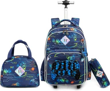 Mochilas de Rodinhas Infantis - Kit de 3 peças com mochila de rodinhas, lancheira e estojo, ideal para crianças e estudantes (Brinquedo de agitação para gamepad)