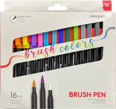 Caneta Ponta Pincel, Newpen, Brush Pen, Newpen, 15 Cores + 1 Blender, 16 unidades