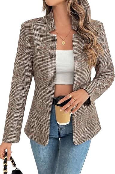 Blazer feminino xadrez aberto na frente com gola alta para trabalho casual