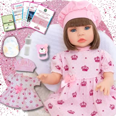 Boneca Bebê Reborn Menina Realista em Silicone com Roupinha e Acessórios Inclusos 45 cm (Vestido Rosa)