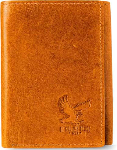 Carteira masculina com três dobras de couro genuíno RFID, bolso secreto, Eagle Brown - Wild Eagle Creek Tan