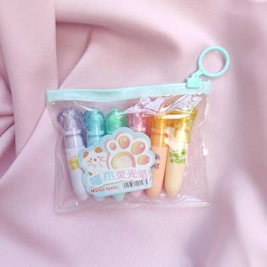 Marca Texto Mini Patinha de Gato Fofo Cores Neon Estojo Kit com 6 unidades