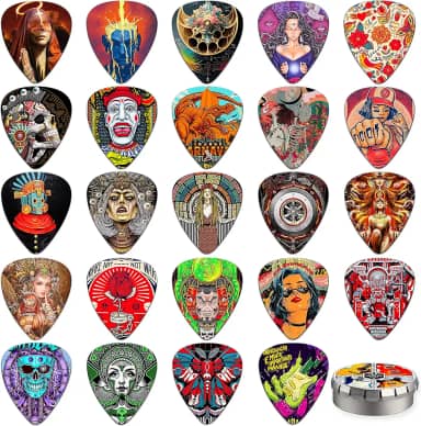 Palhetas de guitarra, pacote com 24 palhetas de guitarra finas, médias, pesadas e extra pesadas com caixa de lata, palhetas personalizadas para acústico, baixo, guitarra elétrica, inclui 0,46 mm, 0,71