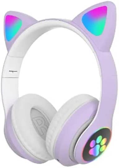 Fone de Ouvido/Headset Gamer Orelhas de Gatinho Com LED Sem Fio, Bluetooth e Com Microfone (Roxo)