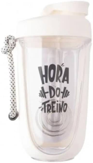 Coqueteleira Shakeira Whey para Academia e Treino com Misturador e Alça Esfera Mola Frase Hora do Treino 550 Ml (Branco)