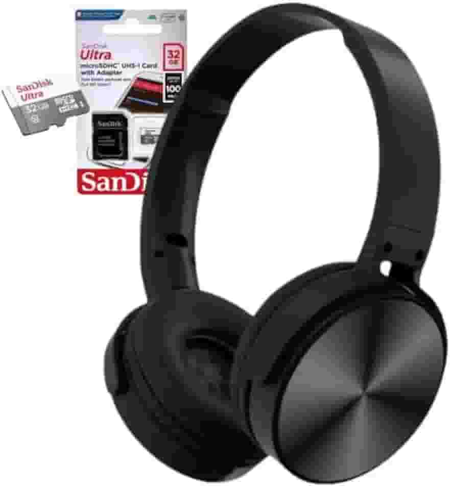 Fone de Ouvido abafador headSet Bluetooth, com Cartão de Memória de 32GB SanDisk, redução de ruídos, rádio FM, cabo micro usb, fone sem fio 5 horas de bateria/compativel Android, iphone,ios