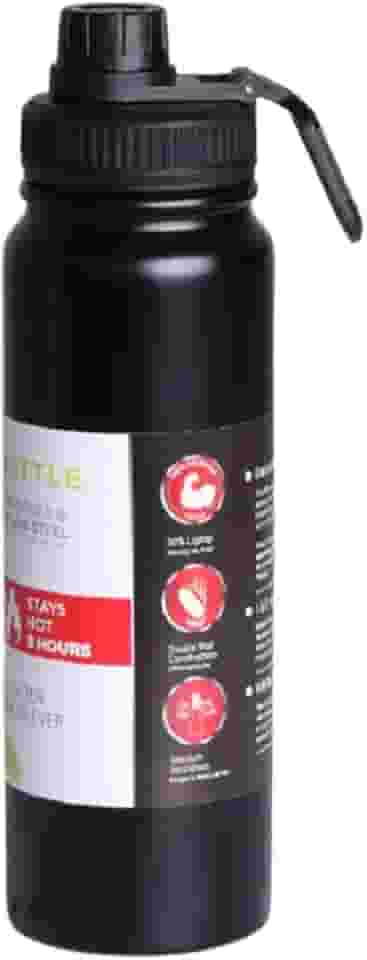 Garrafa de Água Térmica Inox 800ml Esportiva com Alça Parede Dupla Isolada a Vácuo Antivazamento Garrafinha Academia Fitness Corrida Esportes Escritório Aço Inox (Preto)