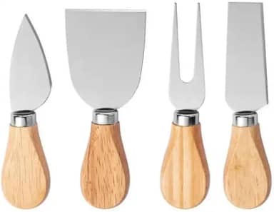 Kit Para Queijo 4 Peças em Aço Inox com Cabo de Bambu – Faca, Garfo e Espátulas para Cortar e Servir Queijos Frescos, Moles e Duros – Conjunto Gourmet para Vinhos, Petiscos e Tábuas de Frios