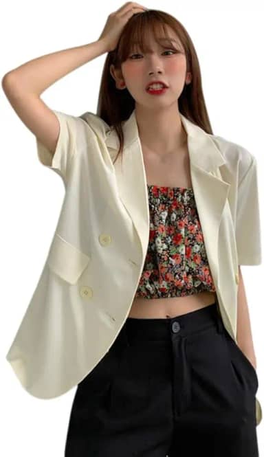 Blazer feminino de manga curta casual de cor doce coreana, caimento solto, cor lisa, lapela entalhada