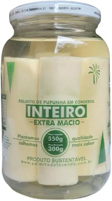 Palmito de Pupunha em Conserva Tolete, 550g, Peso Drenado 300g, Produto Natural