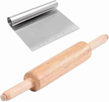 KIT Rolo de abrir Massa Com Cabo Giratario de Madeira Para Pizza Pastel e Espatula Pratica Para Confeitar Raspar Cortar Organizar Dividir Massas Com Regua Medidora de 15 CM