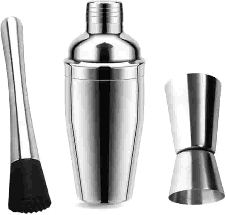 Kit para Drinks e Coquetéis com Coqueteleira, Socador e Medidor - Conjunto de Aço Inoxidável Profissional e Uso Doméstico