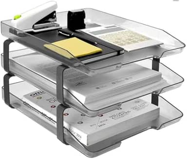 Organizador de Papéis com 3 Bandejas, Metal Preto, 34 x 30 x 26,5 cm, para Documentos e Escritório, Empilhável
