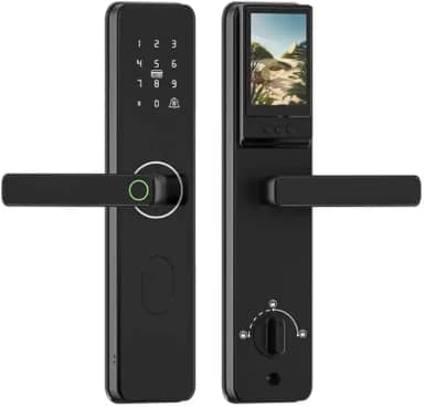 Fechadura inteligente com câmera e tela LCD – Controle de aplicativo WiFi/Bluetooth, impressão digital, teclado sensível ao toque, cartão IC, chave mecânica, olho mágico digital, preto