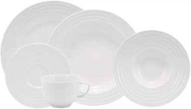 Serviço de Jantar e Chá 20 peças em Porcelana. Modelo Redondo com Relevo Arcos. Fabricado pela Schmidt.