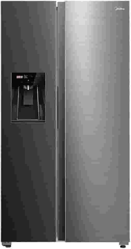 Geladeira Side by Side 570L Dispenser Água e Gelo Inverter cor Inox Midea
