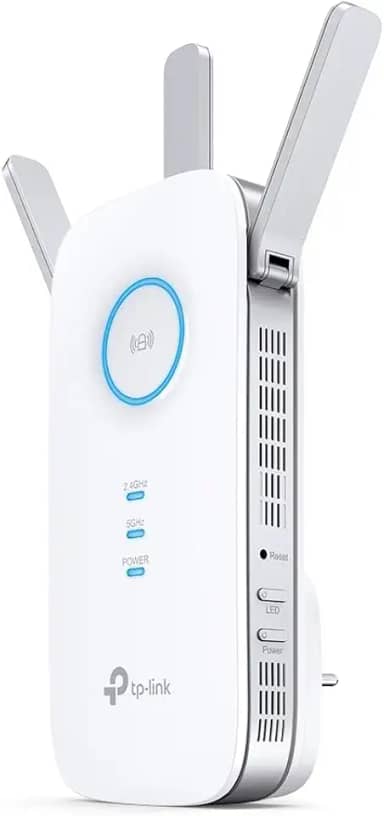 TP-Link RE450 Extensor de Rango de Repetidor WiFi de Banda Dual Universal, 3 Antenas Externas, Puerto Gigabit Ethernet, AC1750, Modo AP Compatible, Blanco